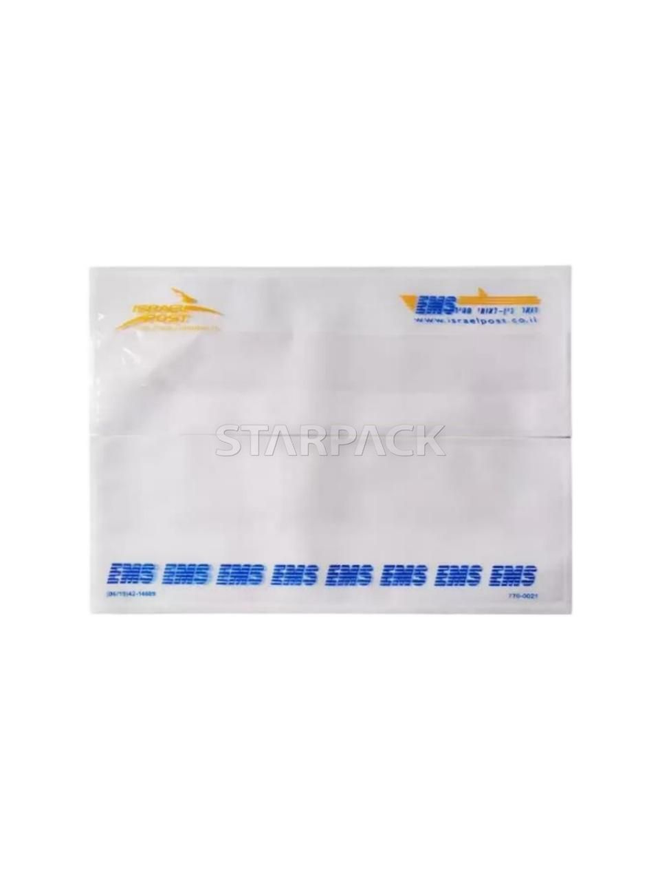 Front flat display clear glossy self-stick document envelope with continuous blue text print, transparent window design easy to check invoice info, bulk packaging for e-commerce express carton accessories