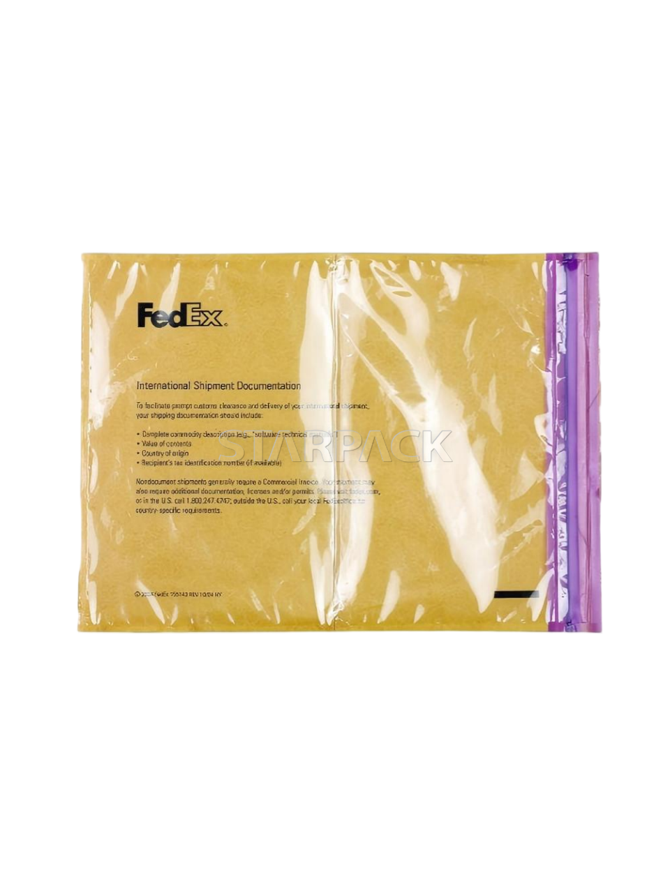 Front flat single yellow self-stick document envelope with purple resealable zip bone strip, tear resistant glossy plastic material, printed logistics text for cross-border freight carton document storage
