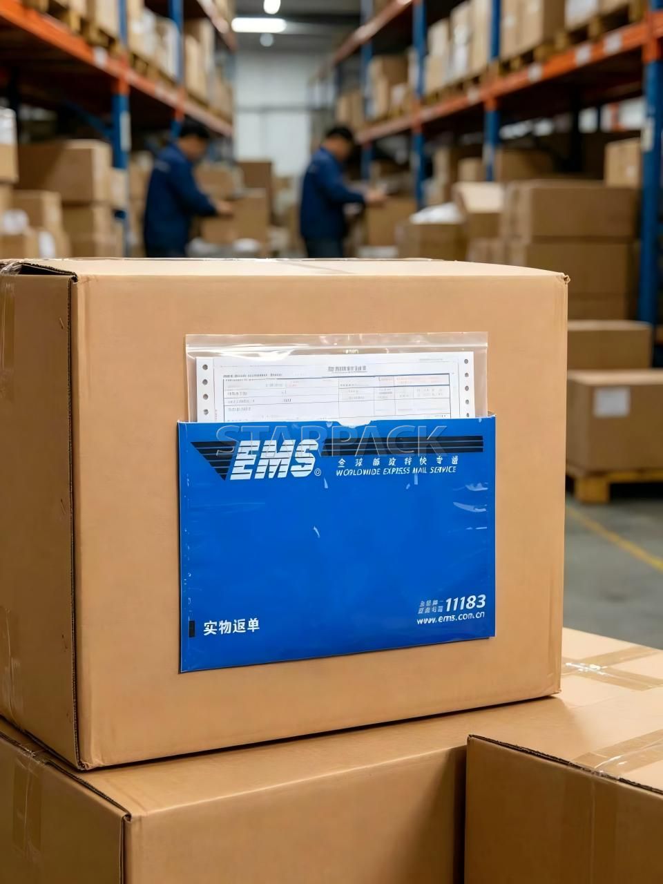 Warehouse real shot blue film EMS printed self-adhesive waybill pouch stuck on shipping carton, waterproof plastic invoice holder for logistics express cargo label, customs document packaging