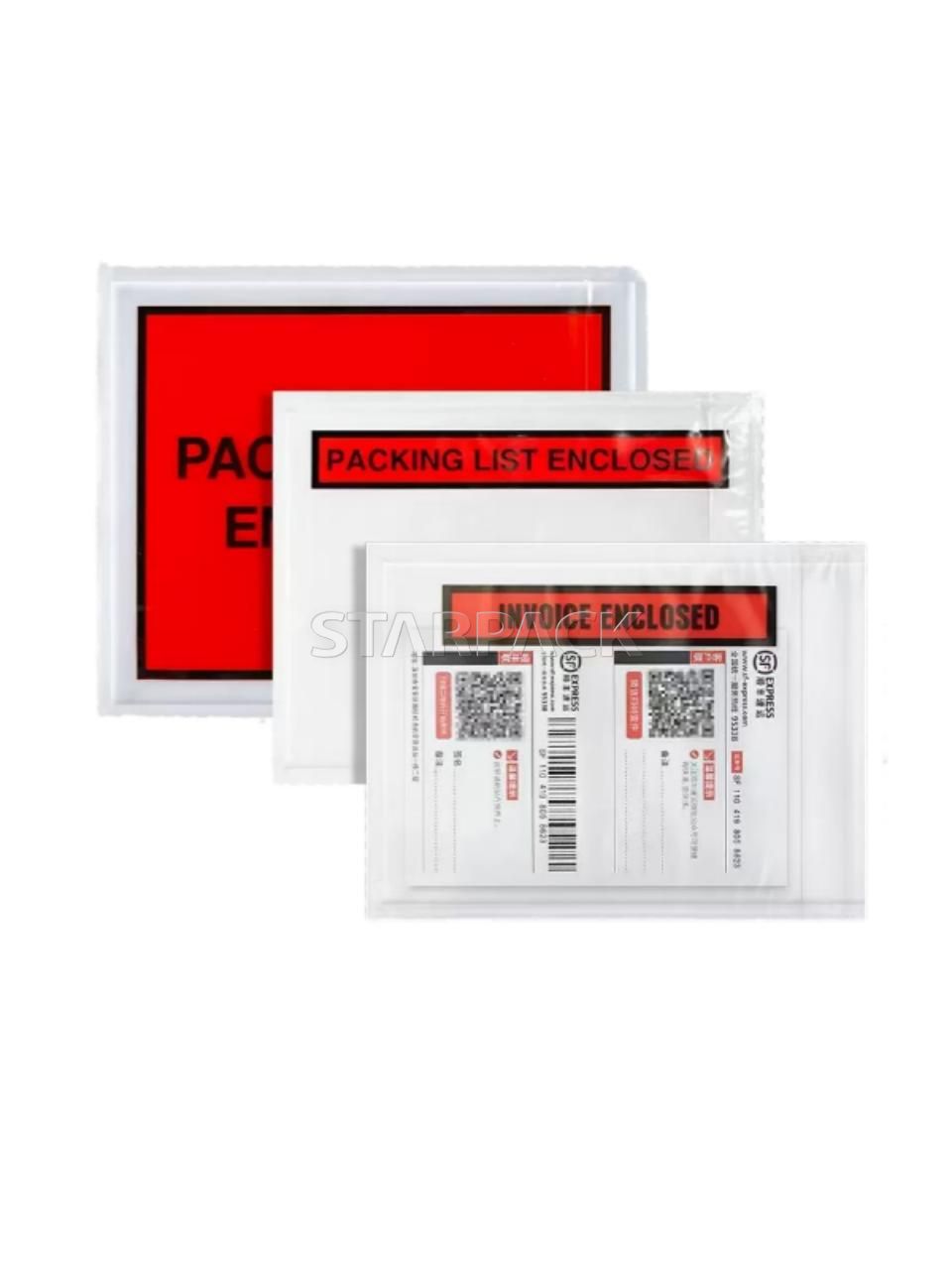 Assorted sizes transparent light peel self-stick invoice pouches with red backing sheet, light release adhesive will not damage carton surface, customs document pouch for international logistics packaging