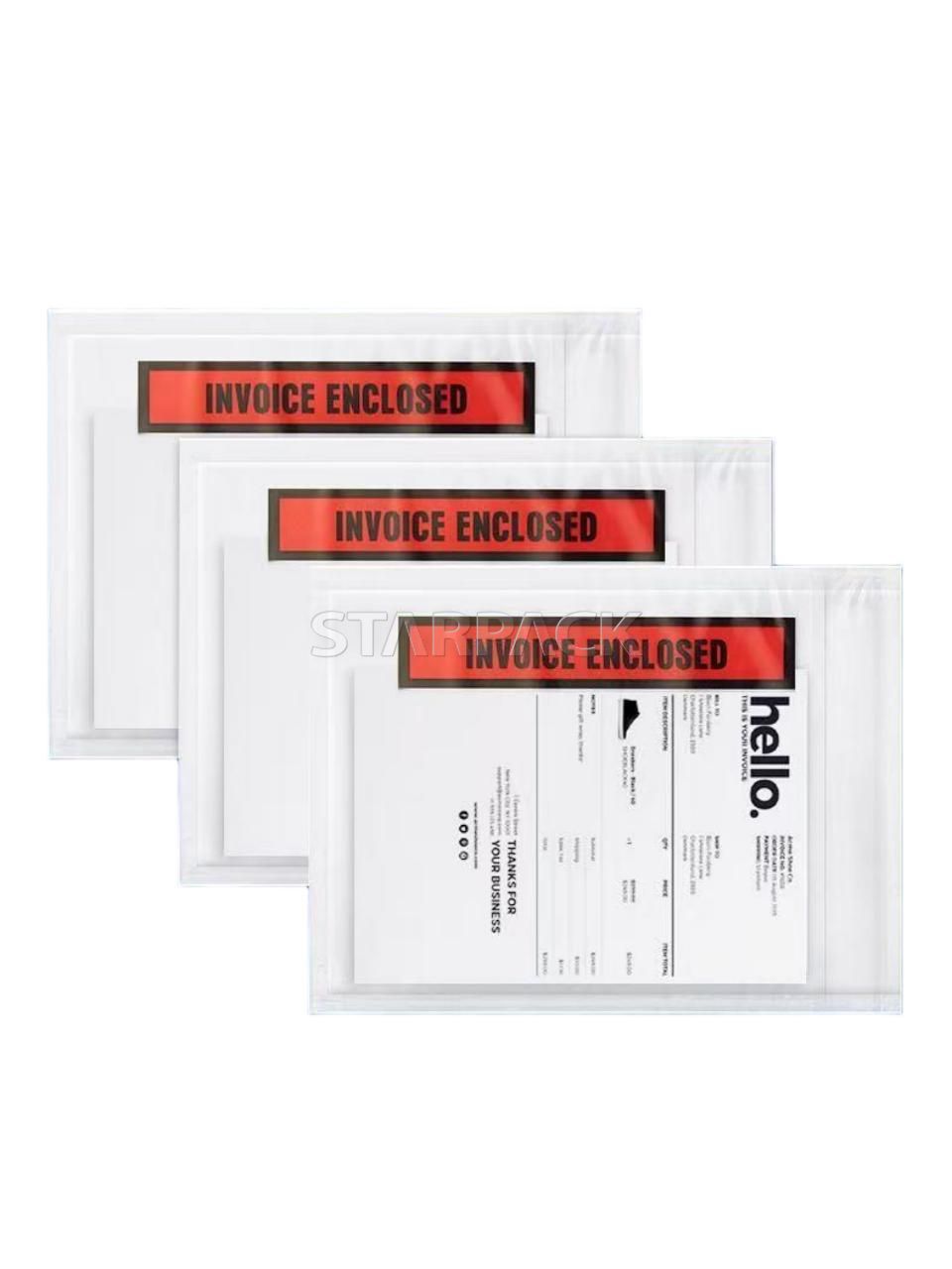 Three overlapped clear light-release self-adhesive document pouches printed red INVOICE ENCLOSED label, low tack easy peel residue-free plastic packing list holder for cross-border shipping carton labeling