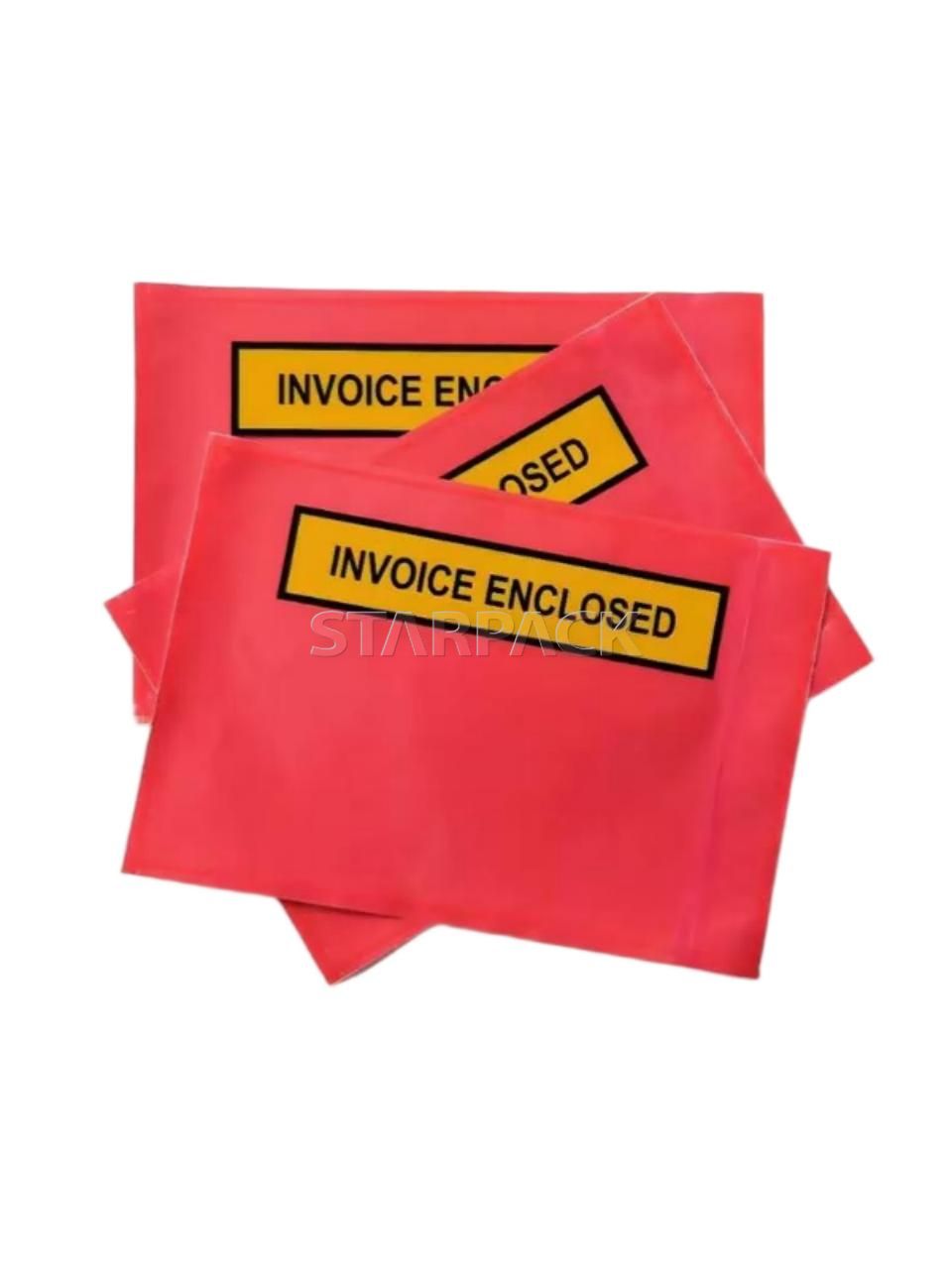 Overlap stacked multiple red invoice enclosed self-stick document envelopes, tear resistant glossy plastic slip pouch bulk wholesale for e-commerce, freight logistics carton invoice packaging
