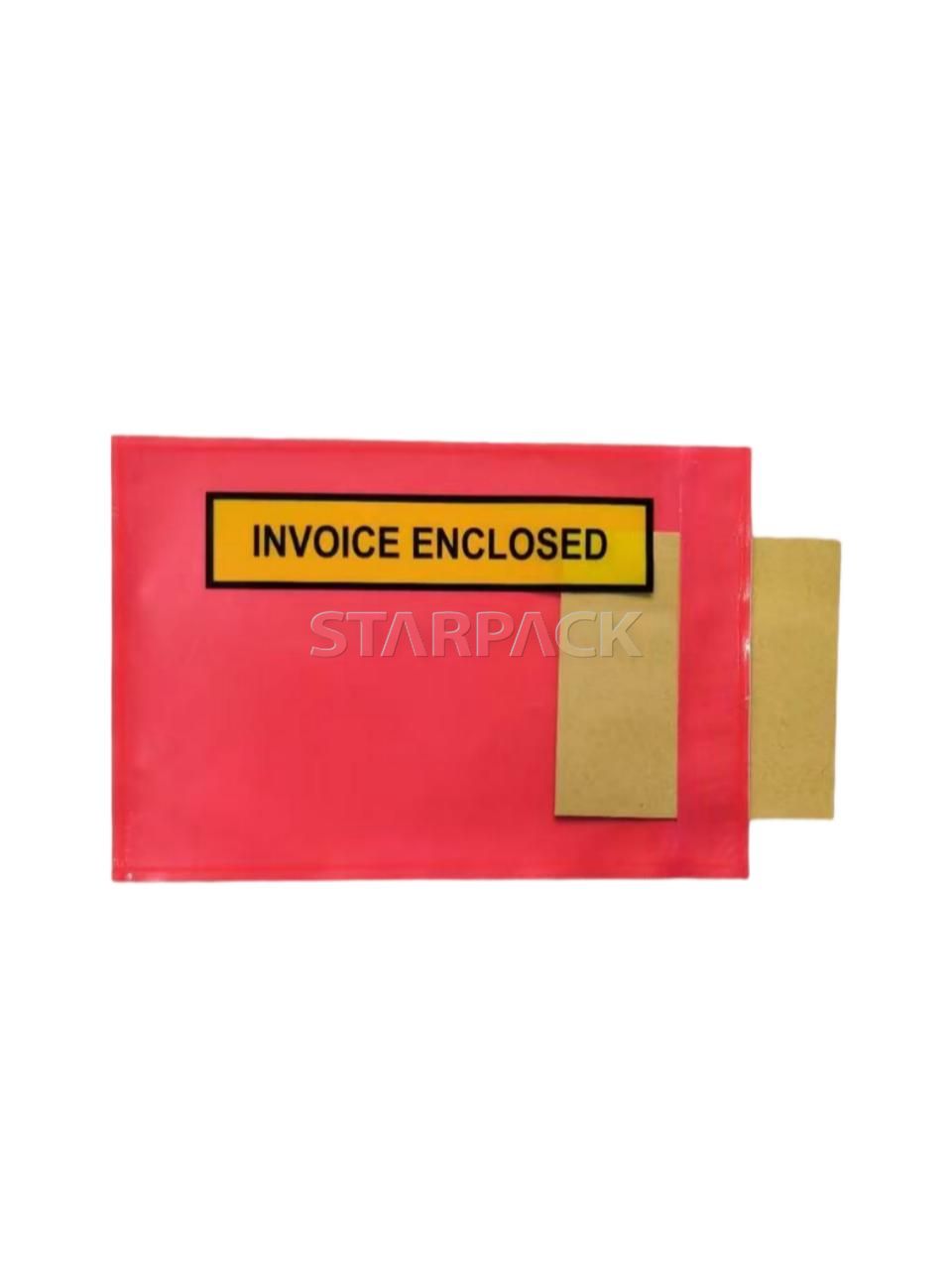 Front flat display red invoice enclosed self-adhesive slip envelope with peel-off kraft release paper, waterproof clear plastic document holder for logistics shipping invoice, packing list attached outside parcel