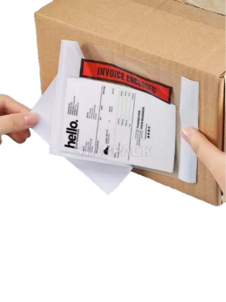 Practical operation shot light release self-adhesive packing list pouch stuck on brown carton, hand pulling out shipping slip easily without tearing paper or leaving glue residue, ideal for cross-border e-commerce warehouse sorting work