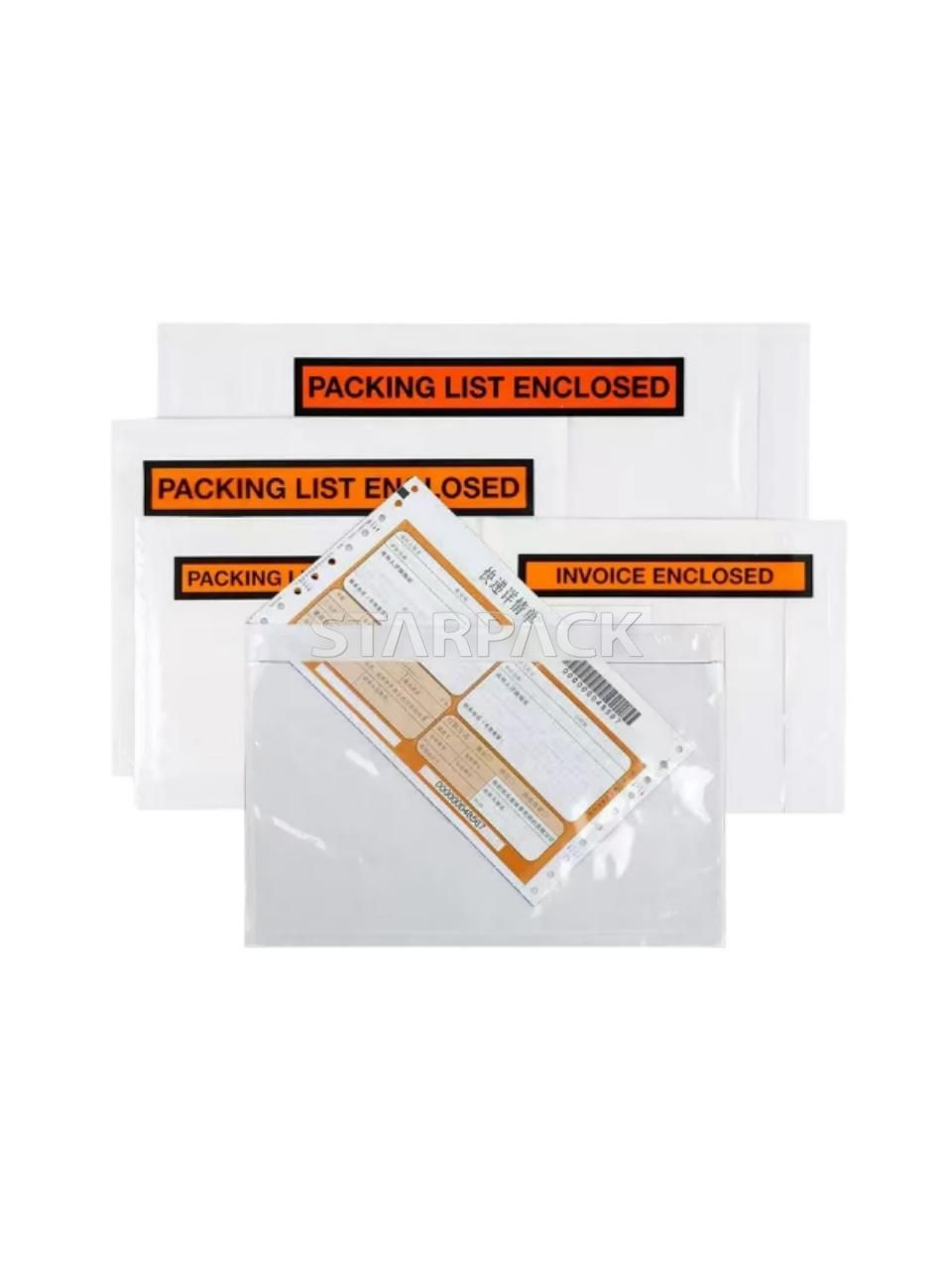 Multi-size assorted clear light peel self-adhesive invoice enclosed bags with orange printed label, gentle release adhesive no damage to carton printing, tear resistant plastic slip envelopes factory wholesale for freight packaging