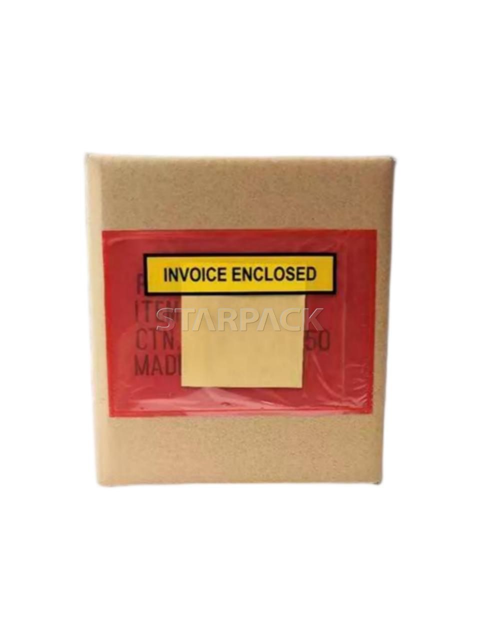 Real usage shot red transparent self-adhesive invoice pouch printed yellow INVOICE ENCLOSED label, waterproof plastic document holder for sticking packing list, customs invoice on shipping carton cross-border logistics