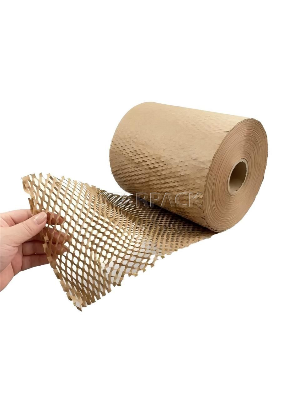 Hand pulling demonstration natural kraft honeycomb wrap roll, expandable honeycomb structure shock absorbent paper, sustainable alternative to plastic bubble wrap for gift, ceramic, glass item packaging