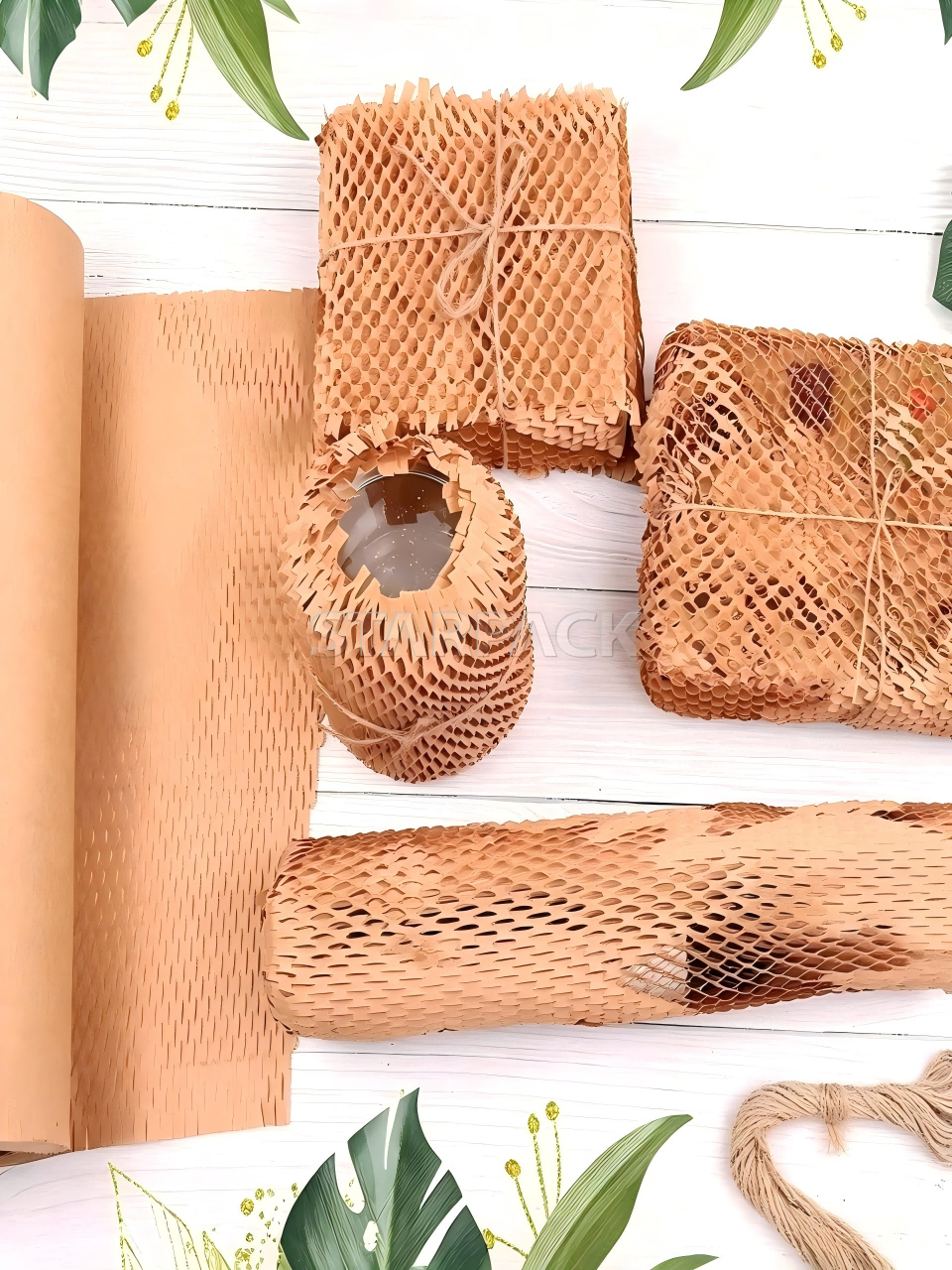 Eco friendly kraft honeycomb wrap paper, various rolls and sheets display, biodegradable protective packaging filler for shipping gifts fragile goods