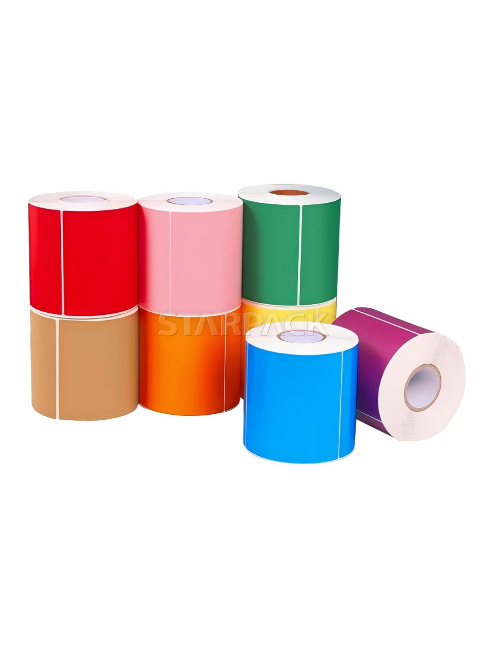Multi-color stacked blank self-adhesive thermal label rolls in red, pink, green, brown, blue, purple, customizable size color coding stickers, waterproof inventory classification tags for factory, e-commerce, supermarket goods marking wholesale