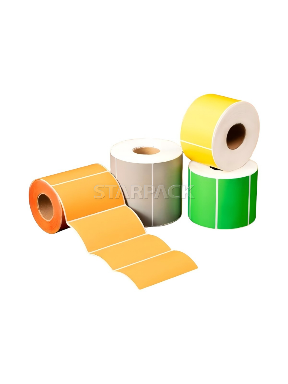 Display with unfolded orange label sheet assorted color thermal self-sticker rolls, oil resistant scratch resistant color coding adhesive labels, compatible with thermal printers for retail price tag, warehouse cargo marking
