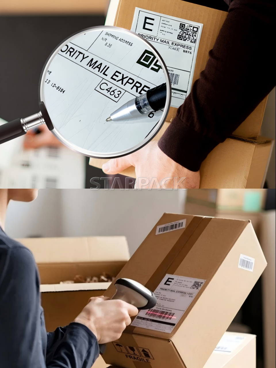 Application scenario of thermal shipping labels, scanning barcode stickers on shipping cartons for logistics tracking