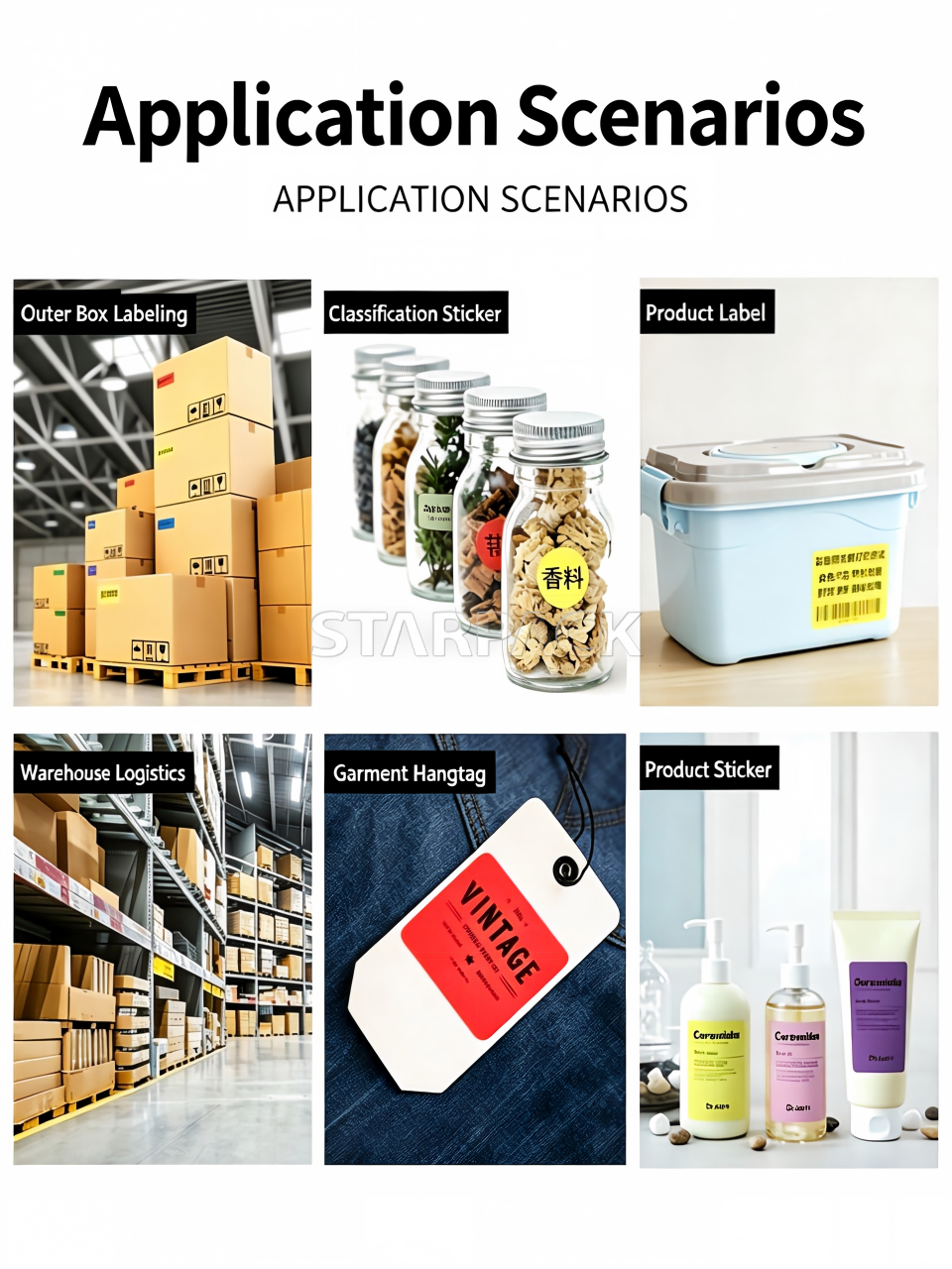 Self adhesive label sticker application scenarios, outer box labeling, warehouse logistics, product marking, garment hangtag, classification stickers