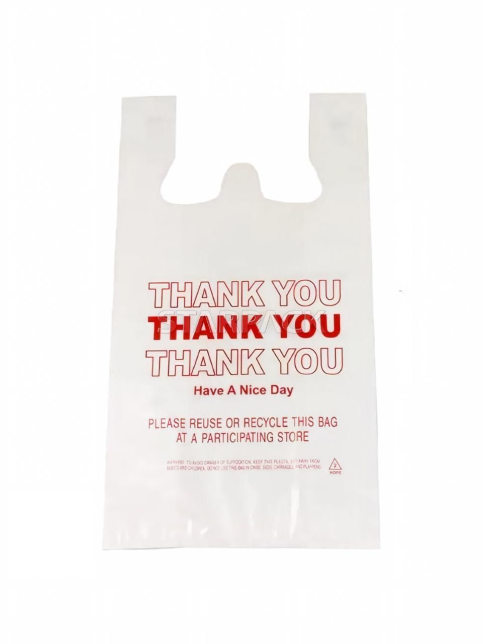 Flat front view matte white t-shirt vest plastic bag with multi-line THANK YOU slogan print, cheap lightweight disposable carry bag for convenience store takeaway retail packaging
