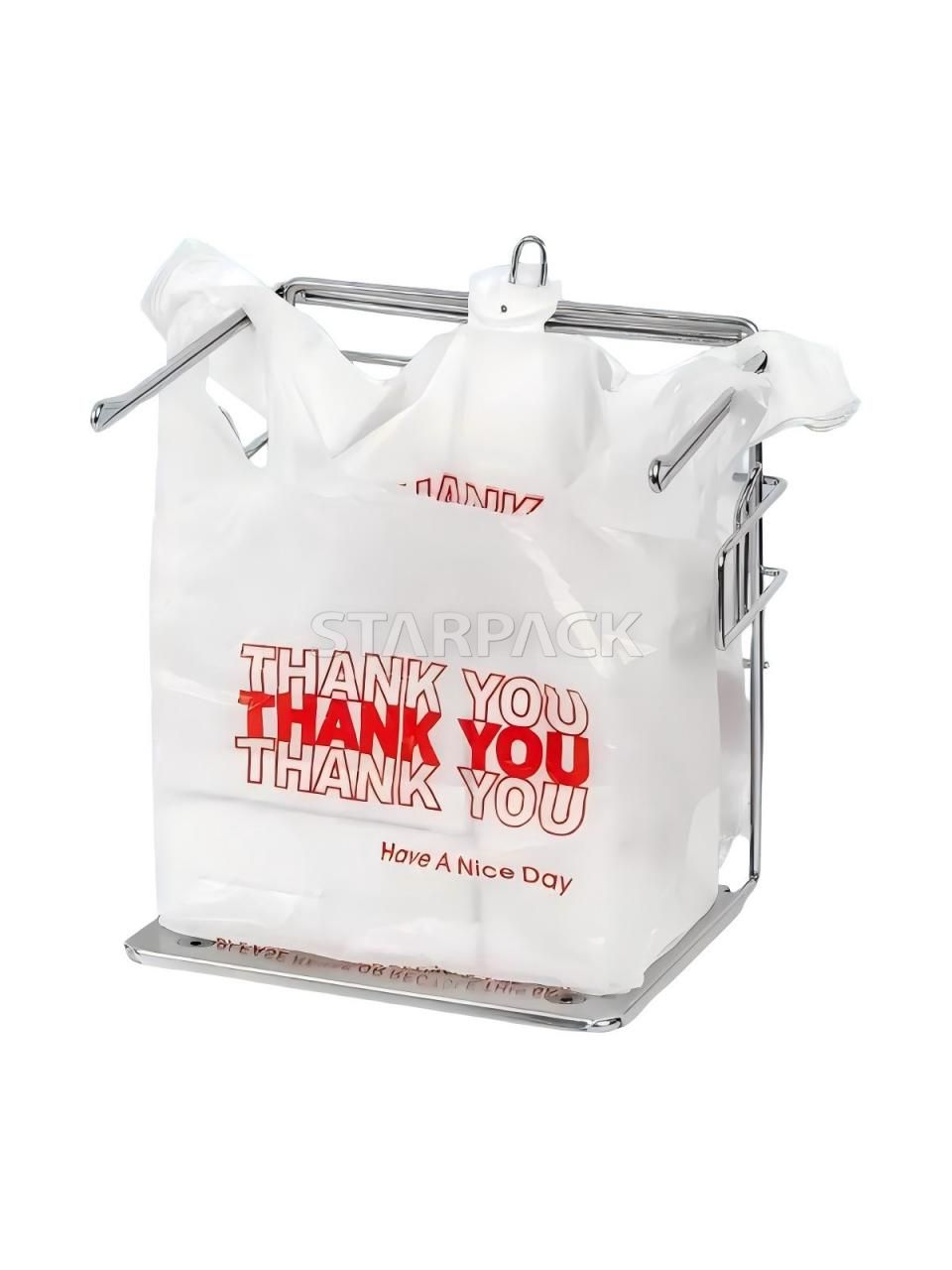 Retail rack display disposable white t-shirt vest bag with THANK YOU logo print, bulk wholesale lightweight plastic carry pouch for supermarket checkout shelf display packaging