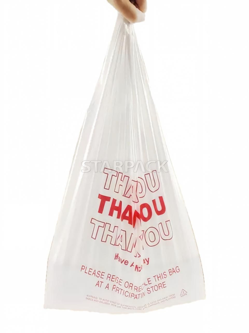 Hanging handheld display thickened disposable vest carry bag with red THANK YOU print, stretch resistant plastic t-shirt pouch for daily grocery shopping, market parcel packaging
