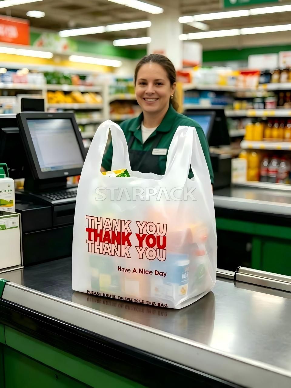 Real supermarket checkout application scene white disposable t-shirt vest bag printed THANK YOU, economical multi-use plastic carry bag for grocery, food, daily goods retail packaging