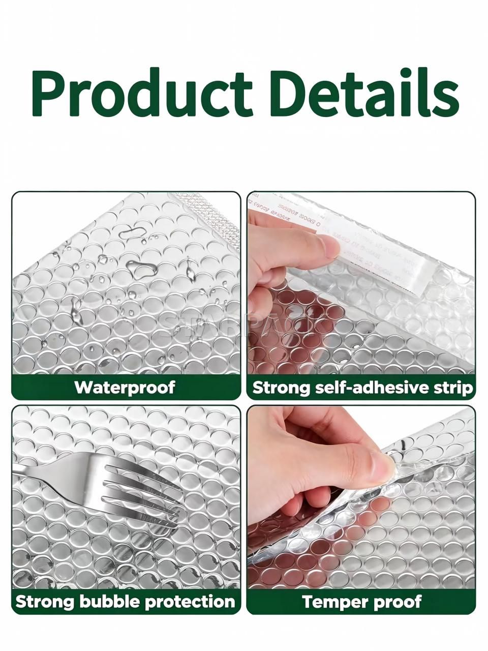 Aluminum foil bubble mailer product details, waterproof, strong self-adhesive strip, shock bubble protection, tamper proof metallic bubble shipping envelope