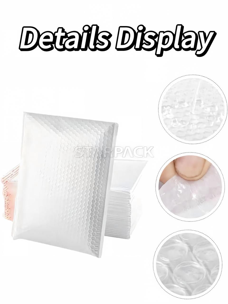 White pearlized bubble mailer bag details display, waterproof shockproof pearl film bubble shipping envelope for parcel packaging