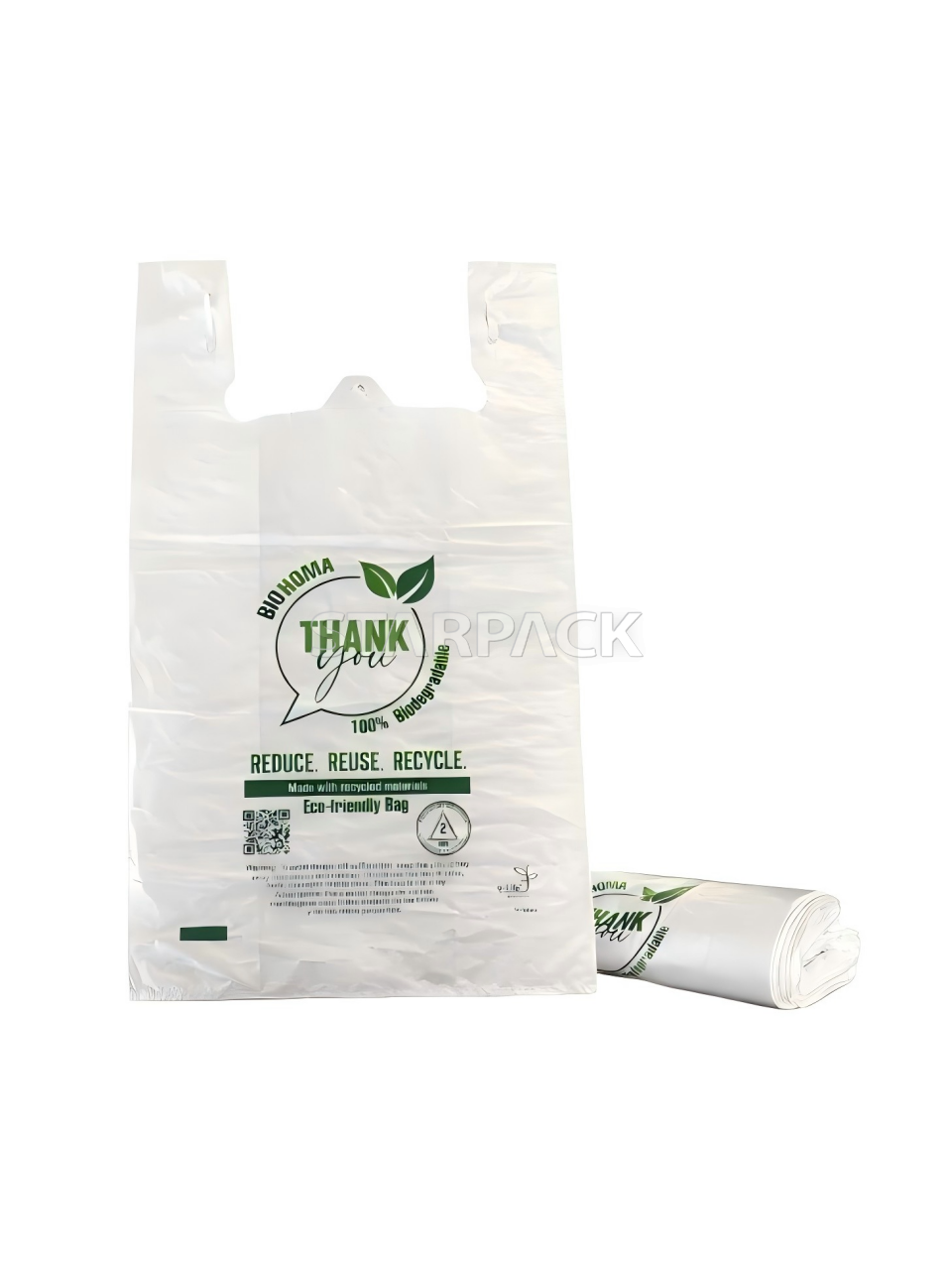 Biodegradable vest carrier bag angled view with product information card