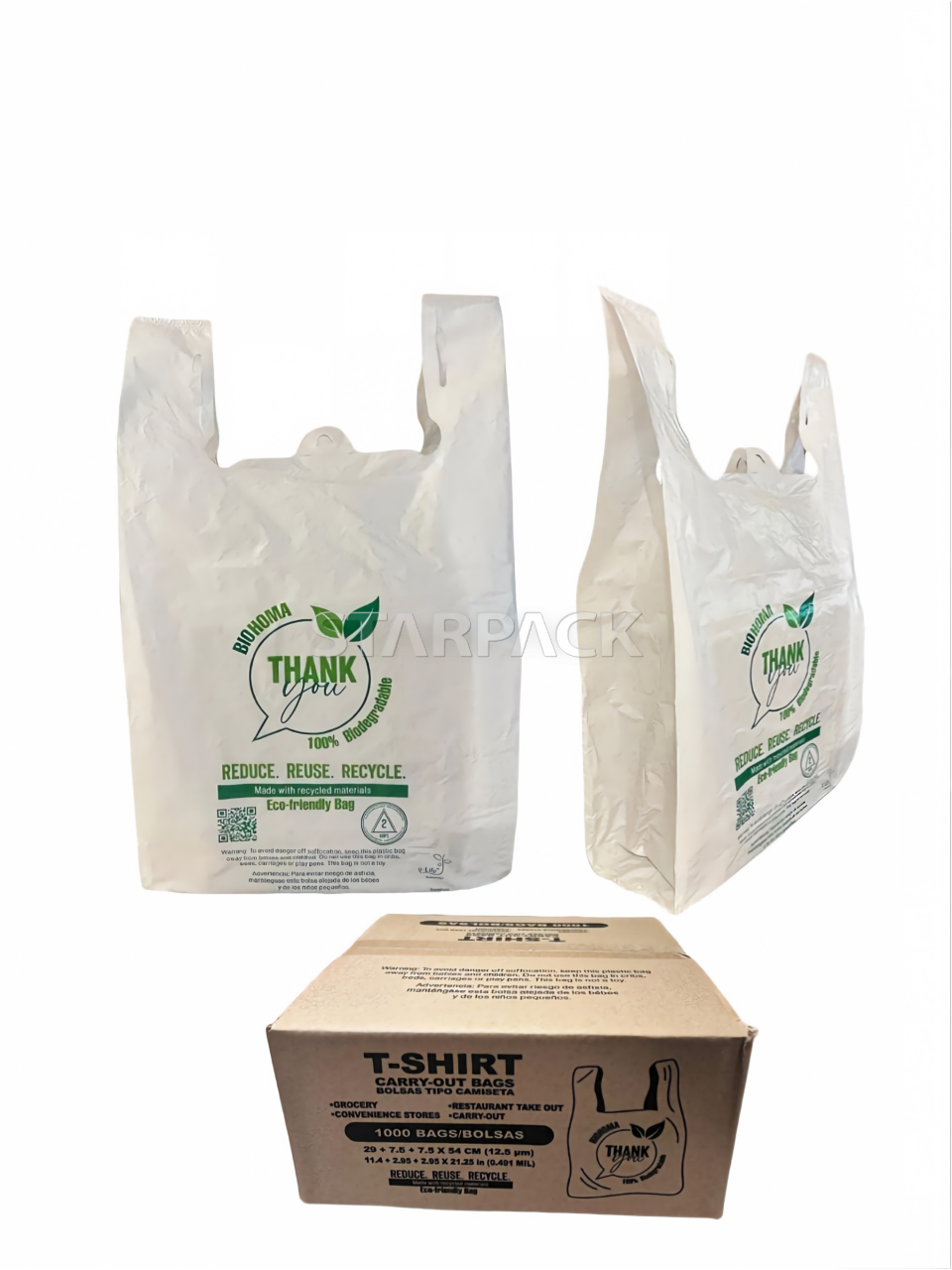 - `Two biodegradable vest carrier bags standing display with outer packaging carton`