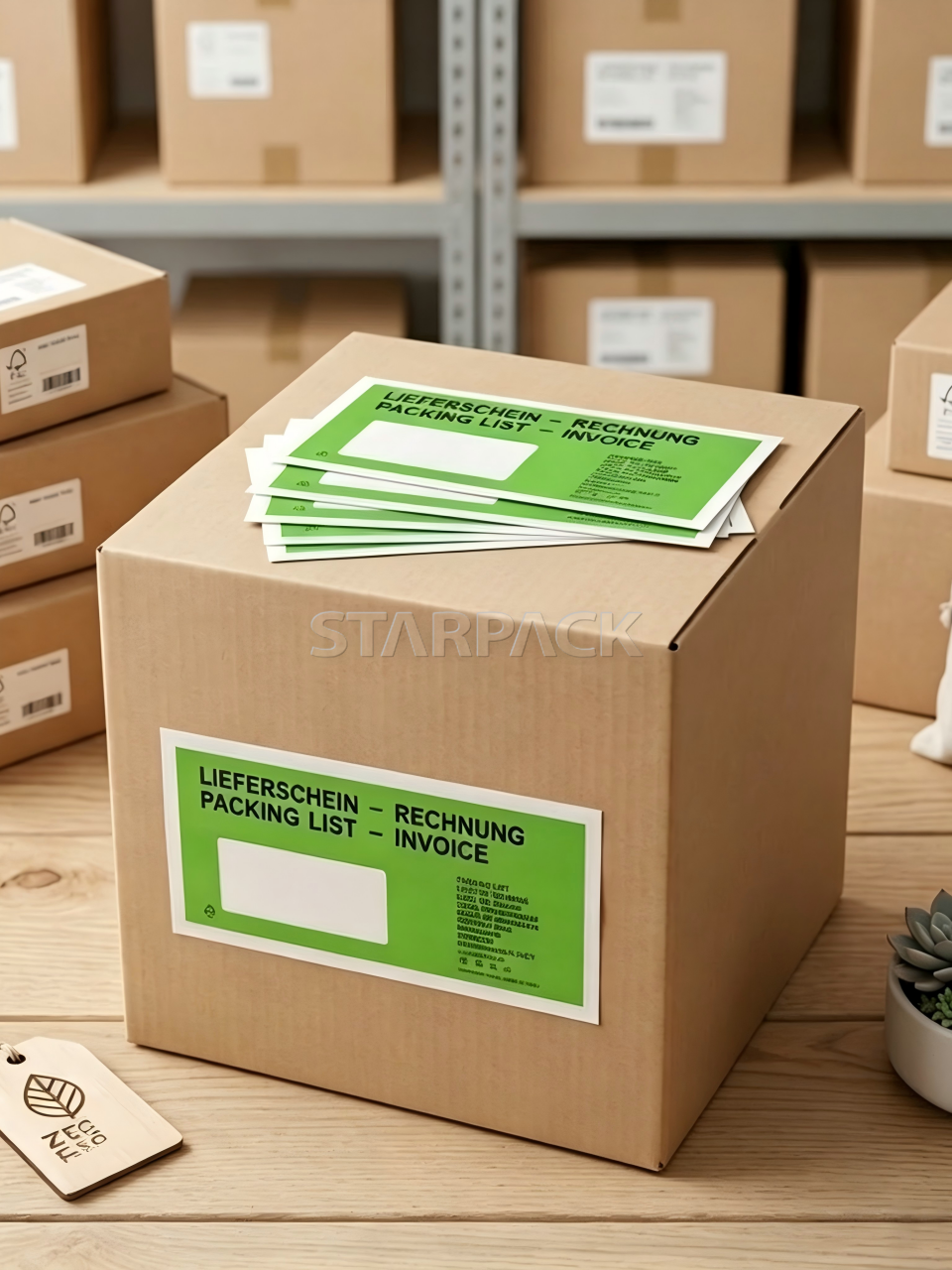 Compostable packing list invoice document pouches, warehouse scene with carton boxes, eco‑friendly shipping document bags