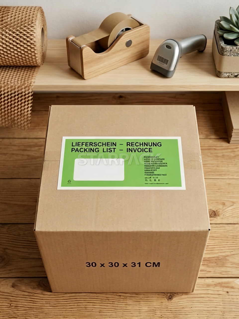 Fully compostable packing list invoice document pouch applied on outer carton box, eco‑friendly shipping label pouch