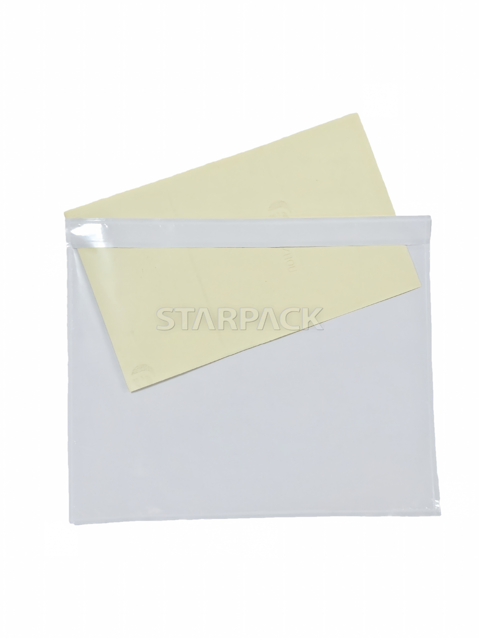 PE self‑adhesive packing list envelope, showing release liner, white‑background product photo