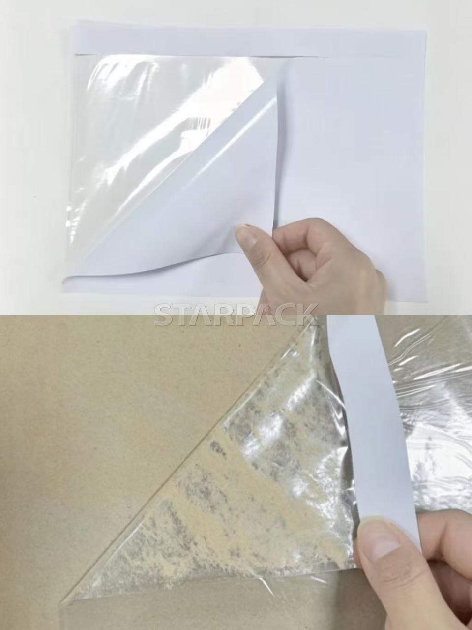 PE packing list envelope, demonstration of peeling off the release liner, comparison view