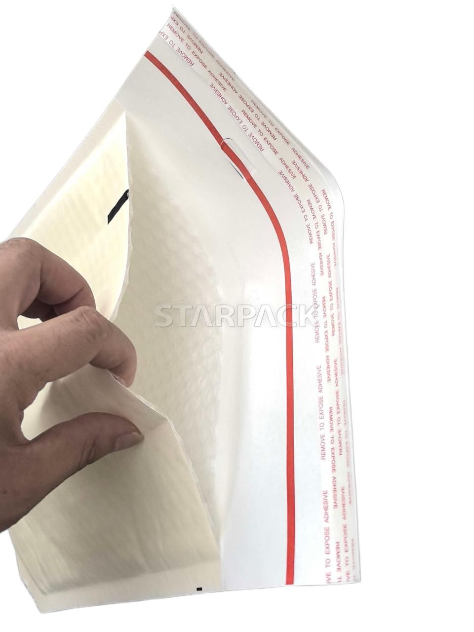 Bottom gusset bubble mailer inner bubble and self‑adhesive strip detail